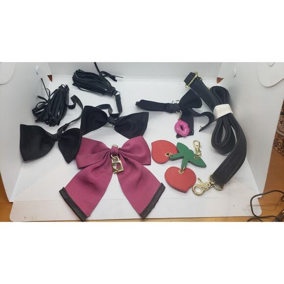 Betsey Johnson Bow Charm Purse Accessories Lot Black Pink Strap Cherry Keychain - Picture 1 of 6